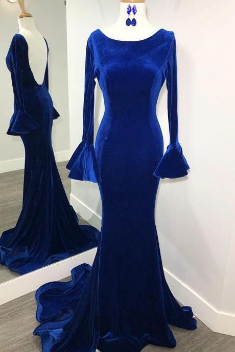 Long Sleeves Velvet Prom Dresses,royal Blue Mermaid Evening Party Dresses,backless Formal Dresses M3380