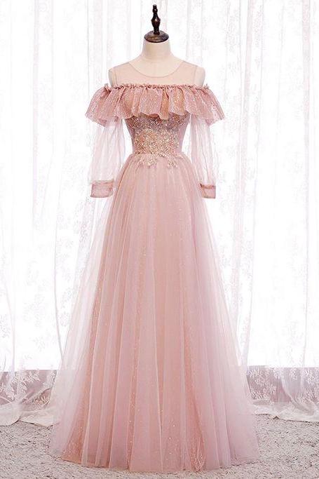 Pink Round Neck Tulle Lace Long Prom Dress M3381