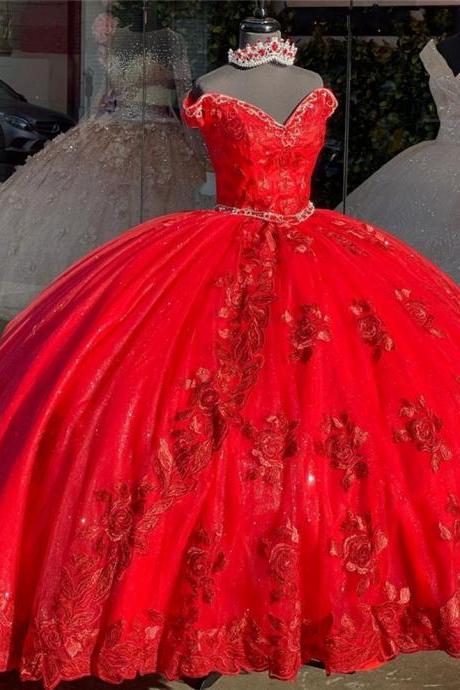 Vintage Red Ball Gown Off The Shoulder Prom Dresses With Cap Short Sleeves Lace Applique Ruched Tulle Corset Back Quinceanera Evening Dress M3383