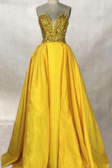 Beaded Long Prom Dresses A Line Backless Party Dresses Gold Silver Sequins Black Yellow Satin Evening Gowns M3386