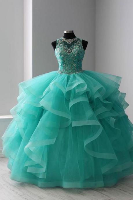 Green Round Neck Tulle Beads Long Prom Dress, Sweet 16 Dress M3389