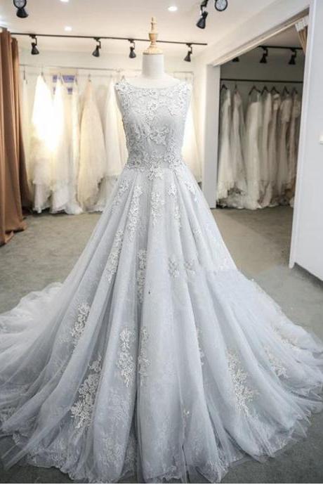 Light Sliver Grey Round Neckline Long Formal Gown, Grey Tulle Prom Dress M3392
