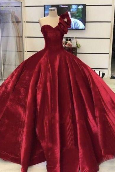 Burgundy One Shoulder Prom Dresses Pageant Gown Princess Dress M3395