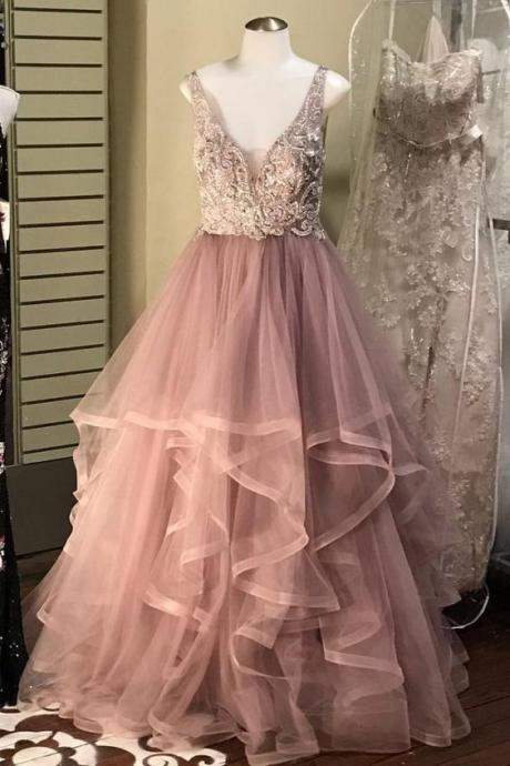 Princess V Neck Layers Pink Long Prom Dresses, Ball Gown, Sweet 16 Dresses M3404