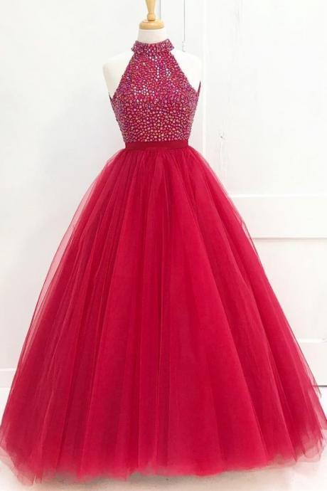 Sparkly High Neck Beaded Red Long Prom Dress M3406