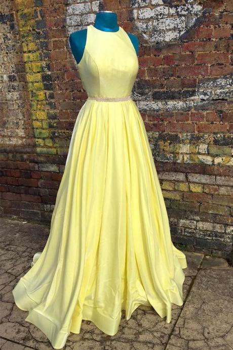 Jewel Yellow Satin Long Prom Dress Cross Back M3407