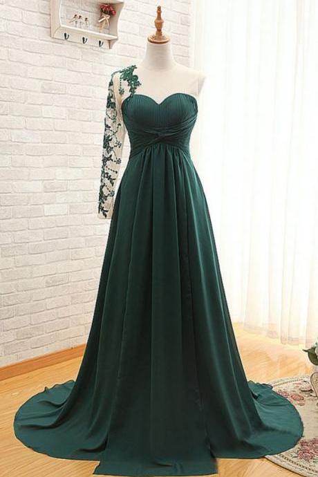 Forest Green Floor Length Chiffon Evening Dress Featuring Ruched Sweetheart Illusion Bodice With Lace Appliqués Sheer One Shoulder M3411