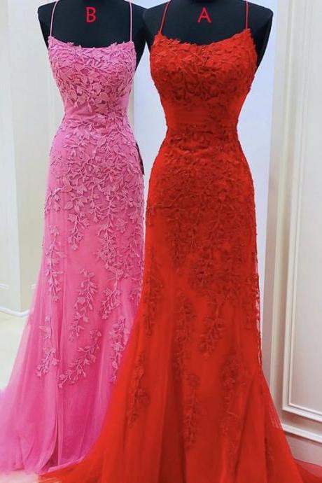 Red Halter Backless Sheath Tulle With Appliques Long Prom Dress M3427