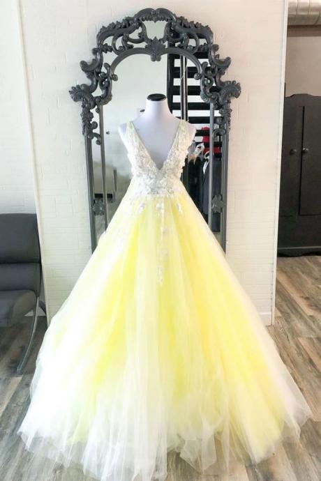 Yellow V Neck Tulle Lace Long Prom Dress Yellow Formal Dress M3432