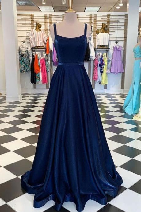 Dark Blue Long Prom Dress, Simple Blue Evening Dress M3435