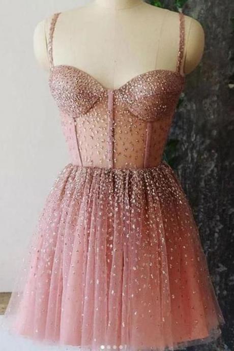 A Line Spaghetti Straps Sweetheart Tulle Beads Homecoming Dresses Short Prom Dresses M3440