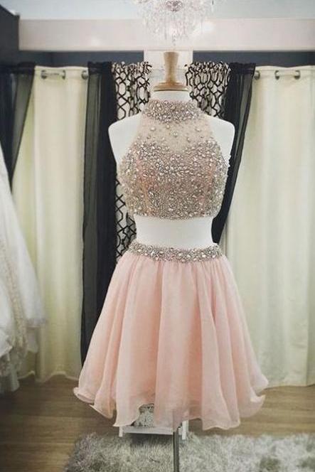 Two Pieces Short Homecoming Dresses,High Neck Skin Pink Homecoming Dresses,Beaded Crystals Short Prom Dresses m3441