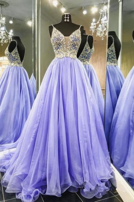 Spaghetti Straps Lilac Long Prom Dress Backless Beaded Prom Dress Evening Dress M3452