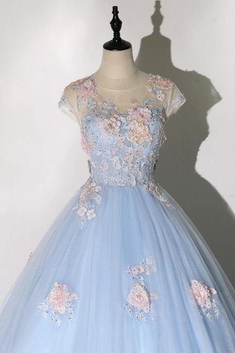 Blue Tulle Lace Long Prom Dress Blue Evening Dress M3461