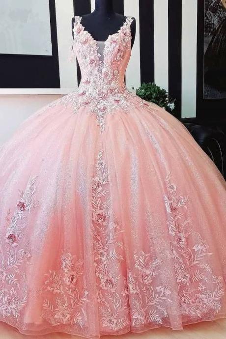 Pink Long Applique Long Prom Dress, Evening Dress M3464