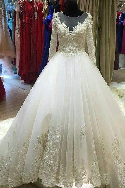 Long Sleeves Wedding Dress,lace Bridal Dress,classic Long Sleeves Lace Wedding Gown M3466