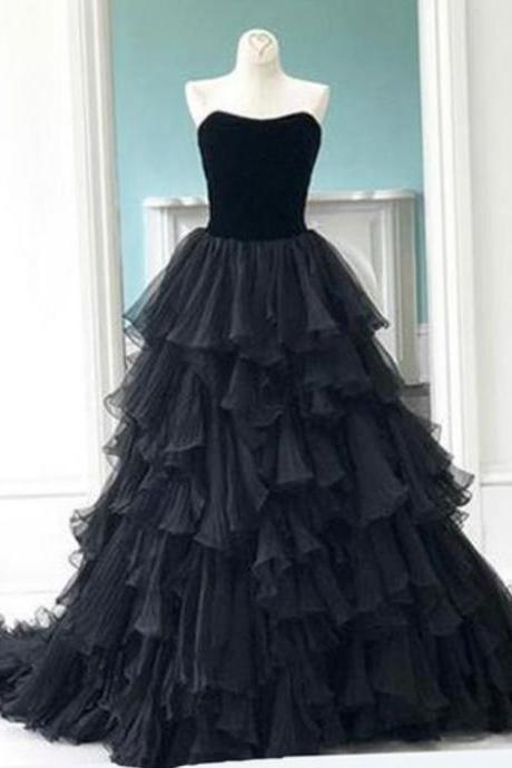 Princess Black Tulle Evening Dresses,sweetheart Neck Long Multi-layer Evening Dress, Prom Gown M3468