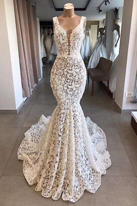 Mermaid Lace V Neck Long Prom Dresses Wedding Dresses Ivory Chic Bridal Gowns M3470