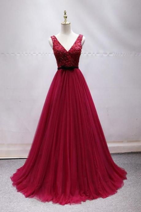 Burgundy Tulle Lace Long Prom Dress, Burgundy Lace Formal Dress M3476