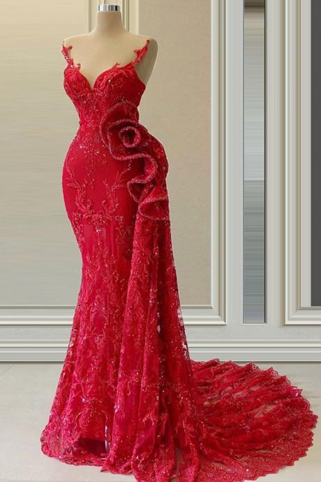 Red Evening Dress, Elegant Evening Dresses, Formal Wear, Sparkly Evening Dress, Lace Applique Evening Dresses M3479