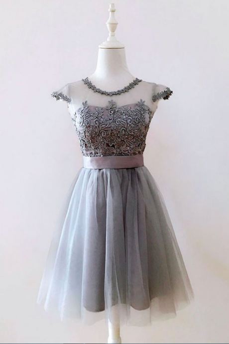 Homecoming Dresses , Homecoming Dresses ,cute Gray Tulle Short Prom Dress,gray Homecoming Dress With Sash M3482