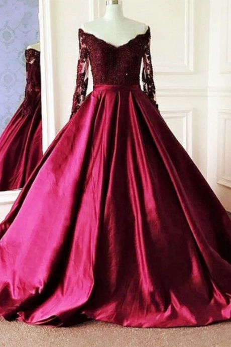 V Neck Long Sleeves Burgundy Lace Prom Dresses, Wine Red Long Sleeves Lace Formal Evening Dresses M3488