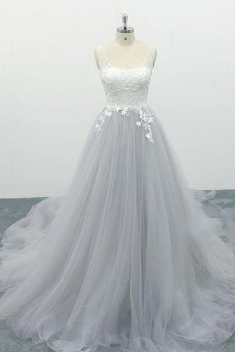 Square Neck Appliques Tulle A-line Wedding Dress M3494