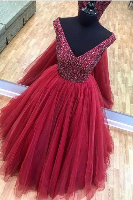 Luxury Beaded V-neck Bugundy A Line Long Prom Dresses Custom Made Quinceanera Party Gowns , Prom Gowns M3500