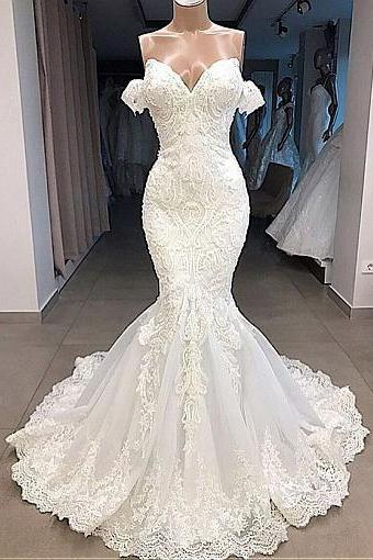 Gorgeous Tulle Off-the-shoulder Neckline Mermaid Wedding Dresses With Beaded Lace Appliques M3507