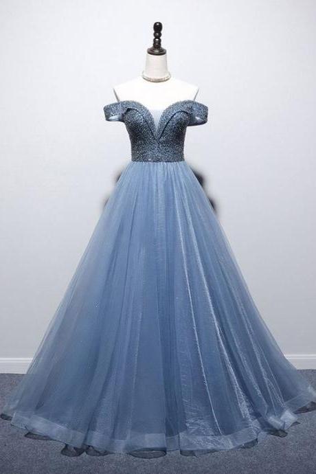 Blue Sweetheart Neck Tulle Beads Off Shoulder Long Prom Dress M3512