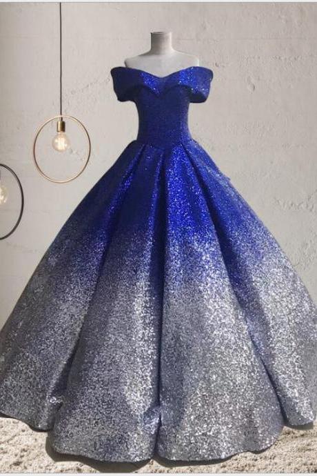 Shiny Blue And Gray Sequin Gradient Women Prom Dresses Putty , Wedding Party Gowns .long Prom Gowns M3518