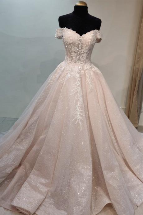 Pink Lace Long A Line Prom Dress Off Shoulder Evening Dress M3520