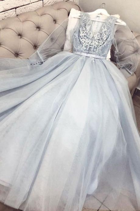 Blue V Neck Tulle Lace Long Prom Dress, Blue Evening Dress M3539