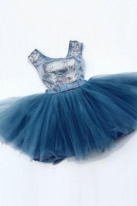 Blue Round Neck Tull Sequins Short Prom Dress, Blue Evening Dress M3541
