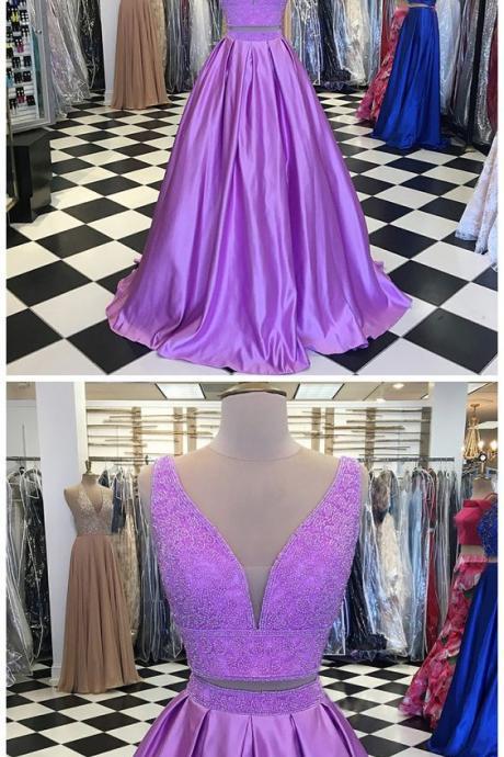 Two Piece V-neck Sweep Train Lilac Beaded Prom Dress M3547