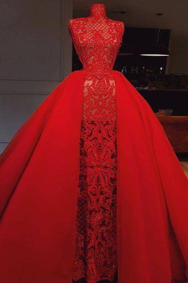 Red Prom Dress, High Neck Prom Dress, Lace Prom Dress, Detachable Skirt Prom Dress, Tulle Evening Dress M3549
