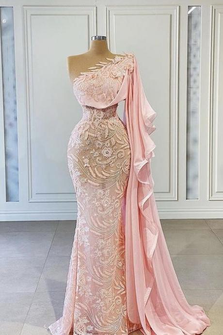 Lace Applique Evening Dresses, Floor Length Prom Pink Dresses M3554