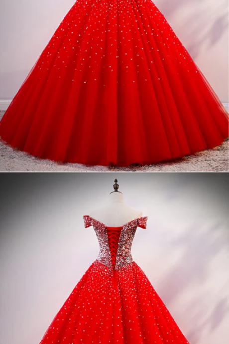 Red Tulle Silver Sequins Off Shoulder Long Prom Dress, Formal Dress M3580