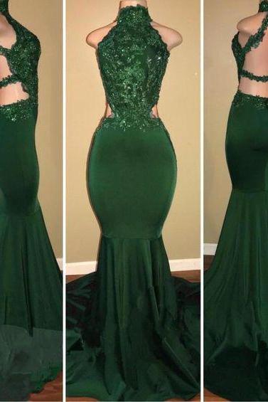 Sexy High Neck Green Backless Mermaid Elastic Satin Appliques Long African Prom Dresses M3592