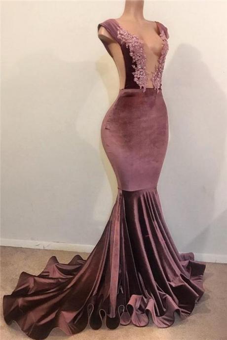 Prom Dresses Mermaid Velvet Grape Open Front Backless M3594