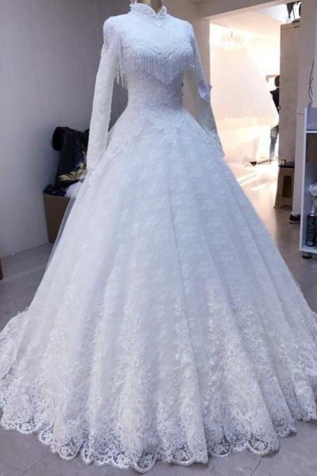 Lace Prom Dresses, Long Sleeve Prom Dresses, Wedding Gown Prom Dresses M3595