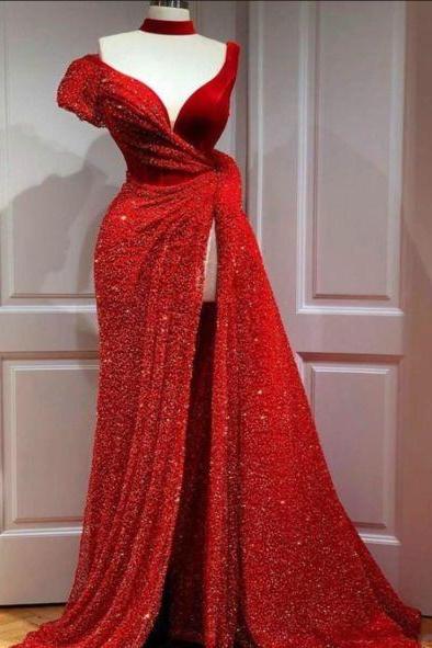 Red Evening Dresses Glitter Beads A Line Formal Prom Gowns High Split Party Dress Plus Size Women Gowns M3602