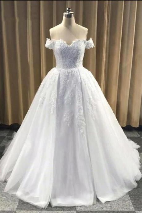 High Quality Handmade Tulle Off Shoulder White Formal Dress, White Prom Dress M3608