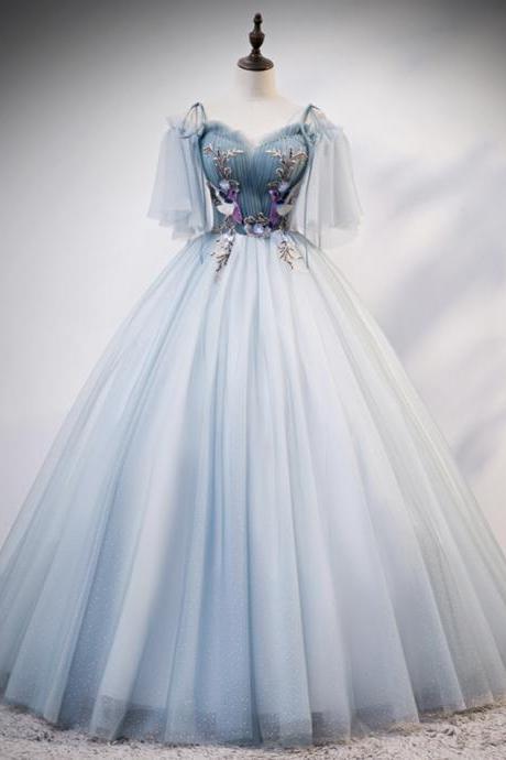 Blue Tulle Long Ball Gown Dress Sweetheart Neck Evening Dress M3616