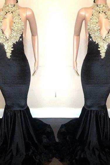 Sexy Backless High Neck Velvet Black Prom Dresses With Gold Appliques Mermaid M3617
