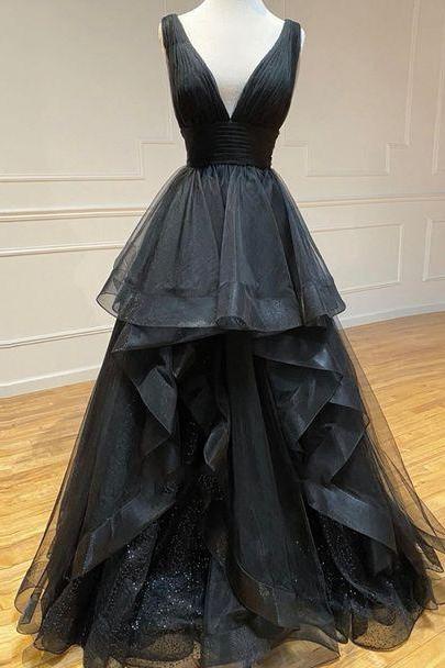 Black V Neck Tulle Long Prom Dress Evening Dress M3618