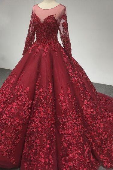 Luxury High Quality French Lace Prom Dress,long Sleeve Burgundy Prom Dress M3621