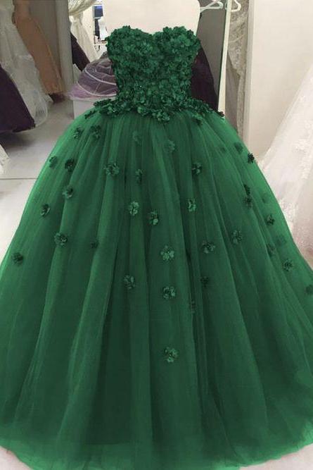 Green Ball Gown Quincenera Dresses Flowers Sweetheart M3625
