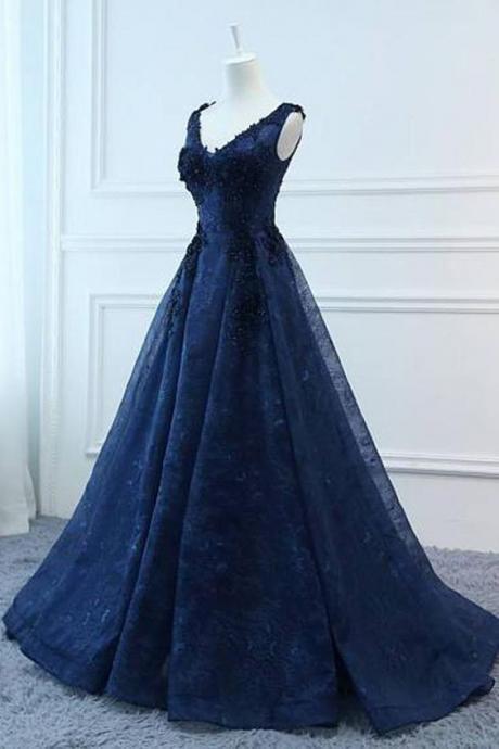 Fashion Navy Blue Lace V Neck Ball Gown Long Wedding Prom Dresses Evening Formal Dress M3631