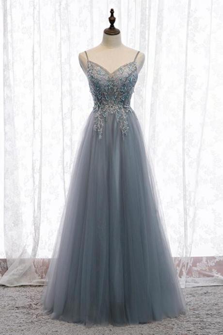 A-line Gray Tulle Spaghetti Straps Sequins Prom Dress M3632